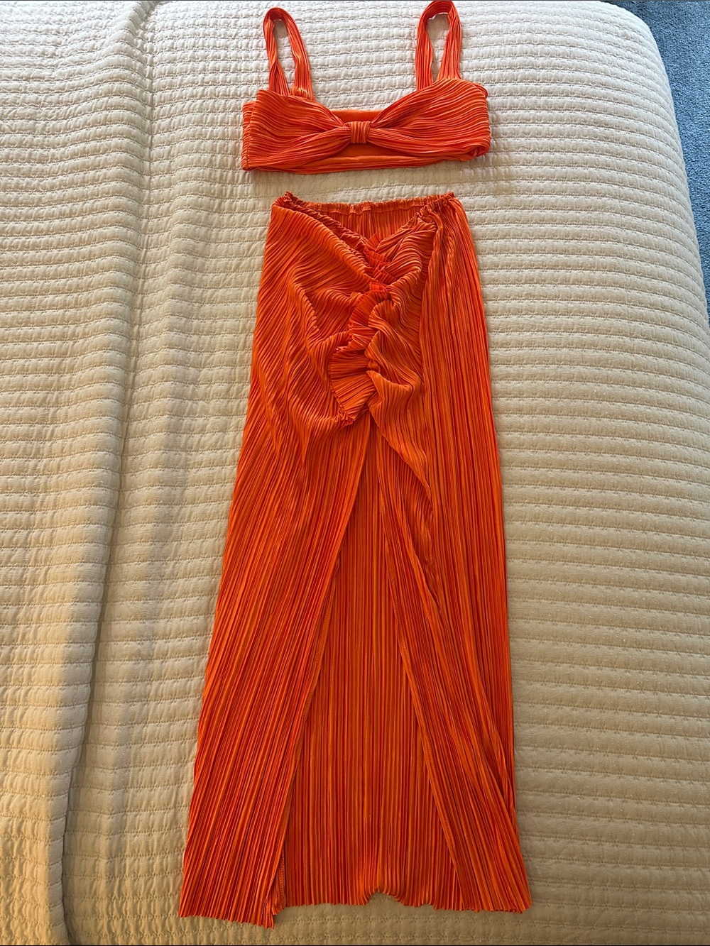 Orange Pleated Maxi Skirt with Front Twist